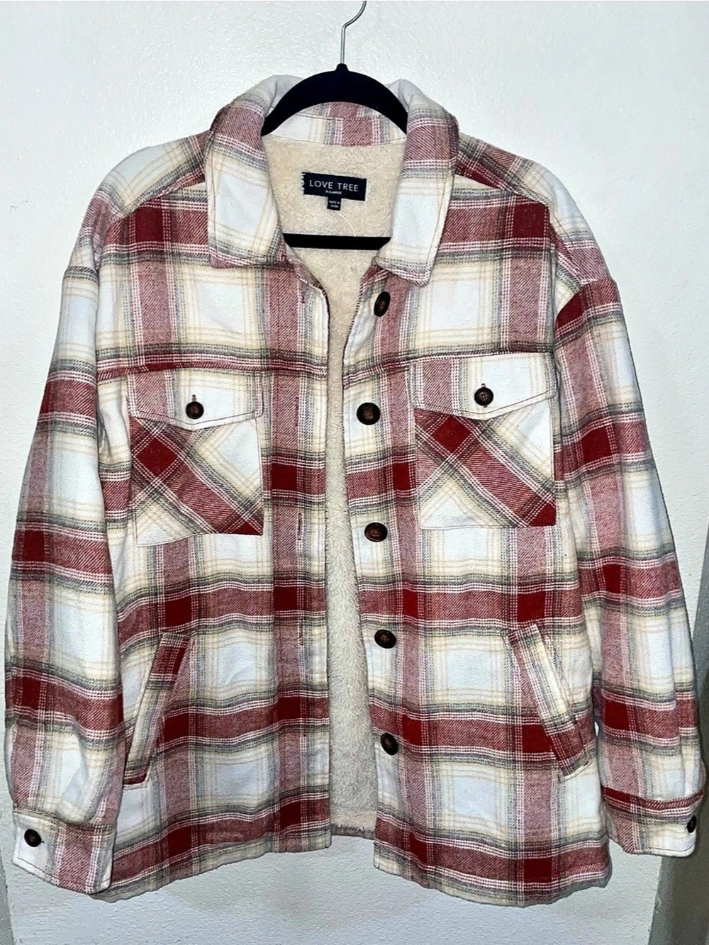 Love Tree Plaid Sherpa-Lined Jacket in Red & Cream XL Like New